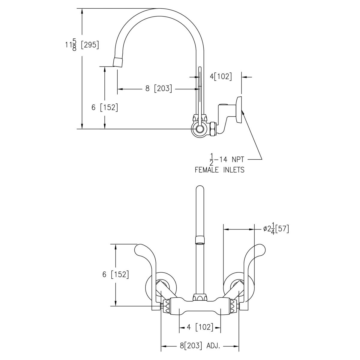 Wall-mount commercial faucet with curved gooseneck spout, wristblade handles, and adjustable center mounting.