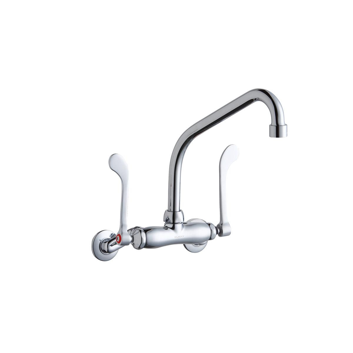 Chrome wall-mount faucet with high arc spout and two white wristblade handles for commercial foodservice use.
