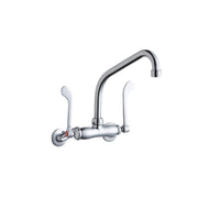 Chrome wall-mount faucet with high arc spout and two white wristblade handles for commercial foodservice use.