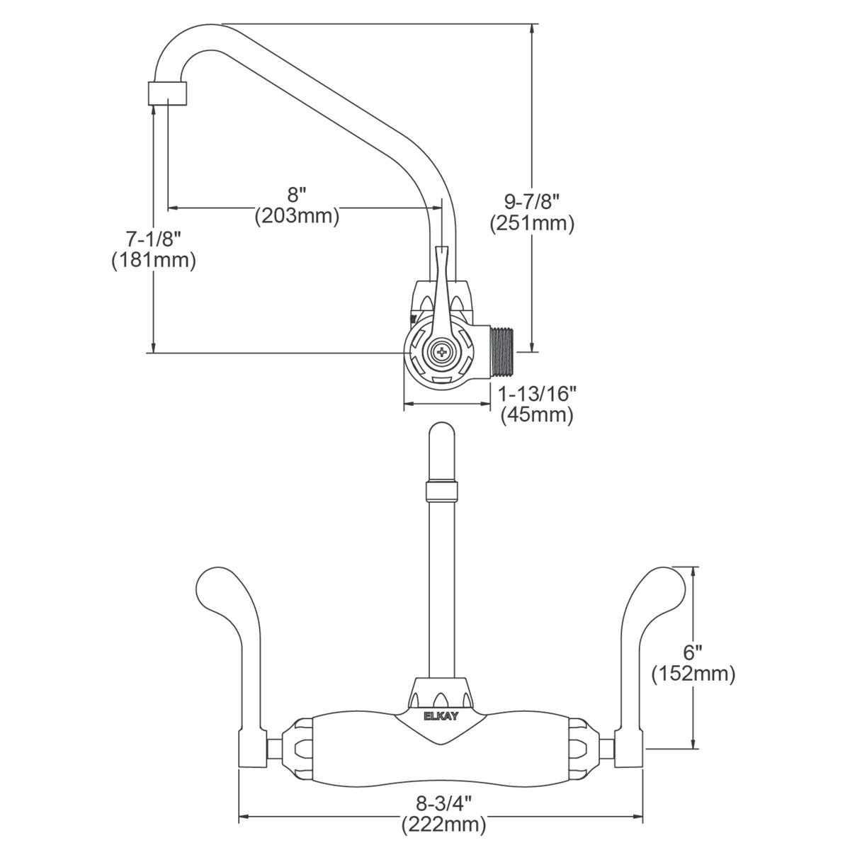 Elkay wall-mount foodservice faucet with high arc spout and wristblade handles, technical specification drawing with dimensio