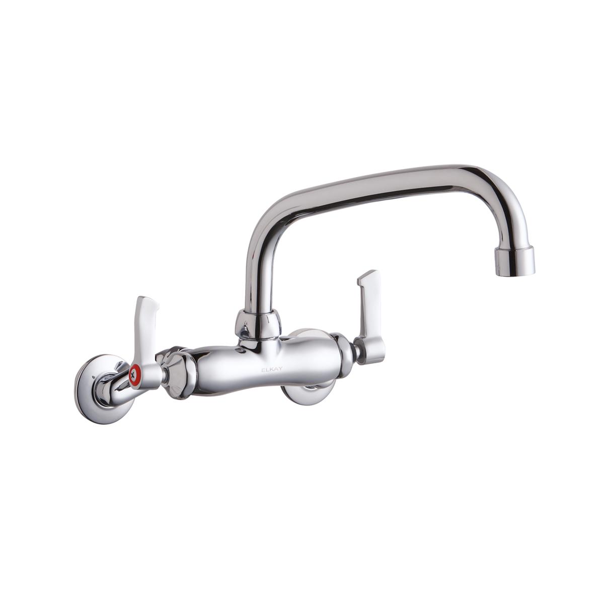 Chrome wall-mount faucet with adjustable center spacing, tube spout, and two lever handles.