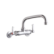 Chrome wall-mount faucet with adjustable center spacing, tube spout, and two lever handles.
