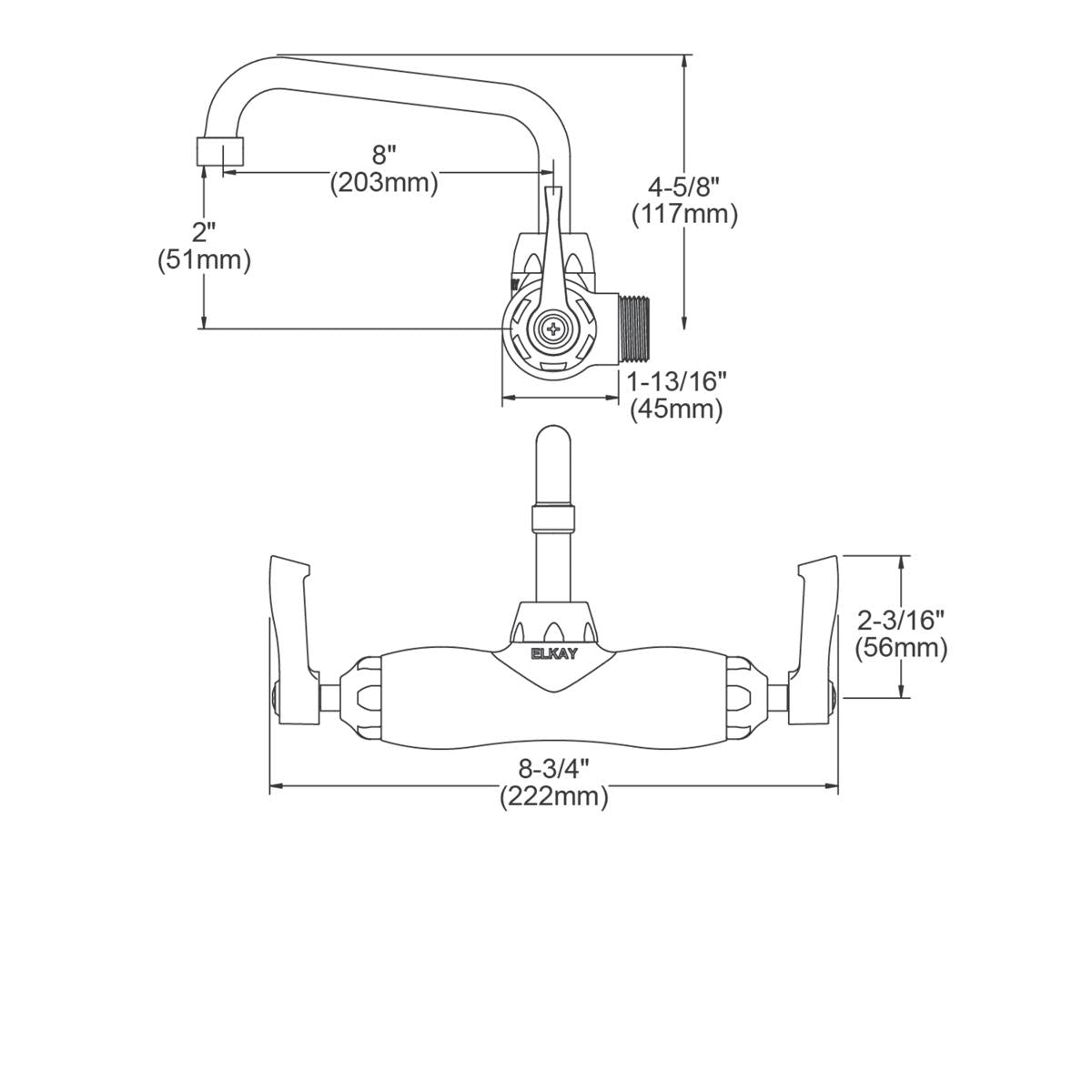 Chrome wall-mount faucet with 8" tube spout, two lever handles, and dimensional specifications labeled.