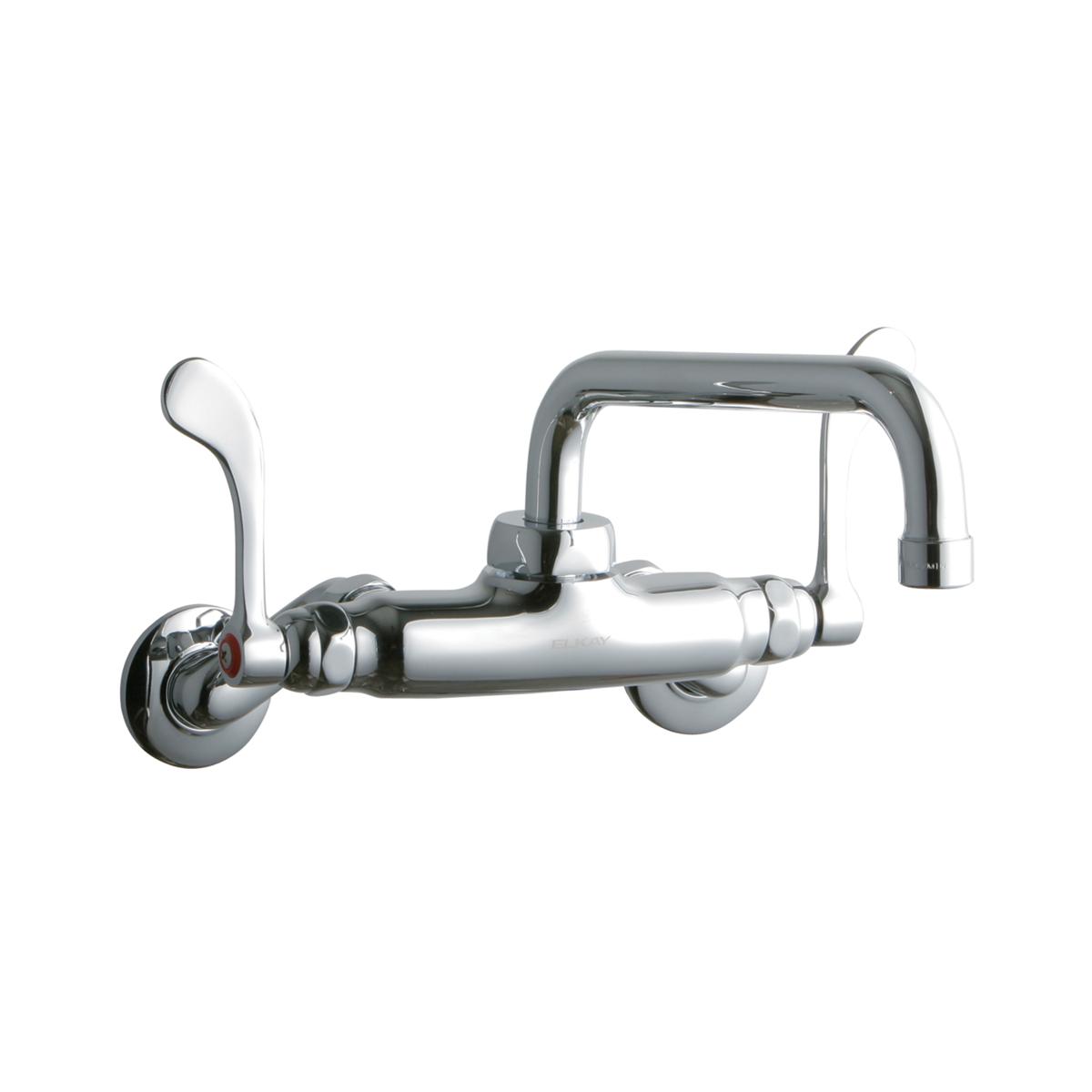 Chrome wall-mount faucet with tube spout, wristblade handles, and circular inlet connections.