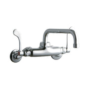 Chrome wall-mount faucet with tube spout, wristblade handles, and circular inlet connections.