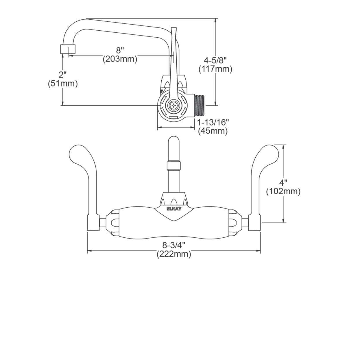 Chrome wall-mount faucet with 8" tube spout, wristblade handles, and adjustable 3-8" centers.