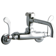 Chrome wall-mount faucet with curved spout, two white wristblade handles, and wall flanges on either side.