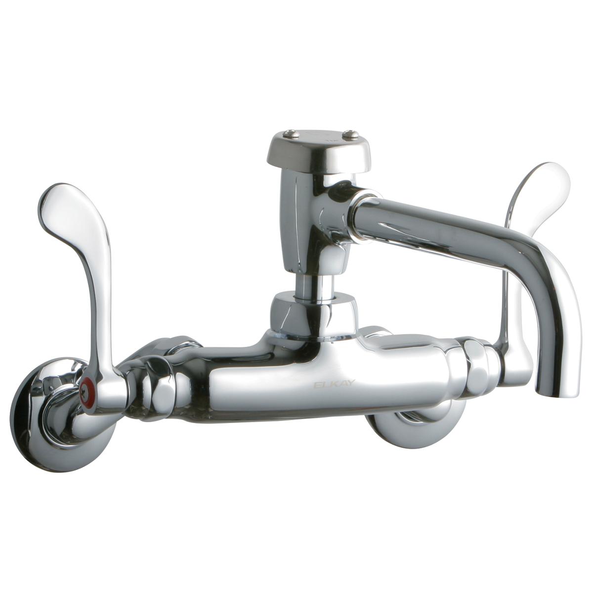 Chrome wall-mount faucet with curved spout, two white wristblade handles, and wall flanges on either side.