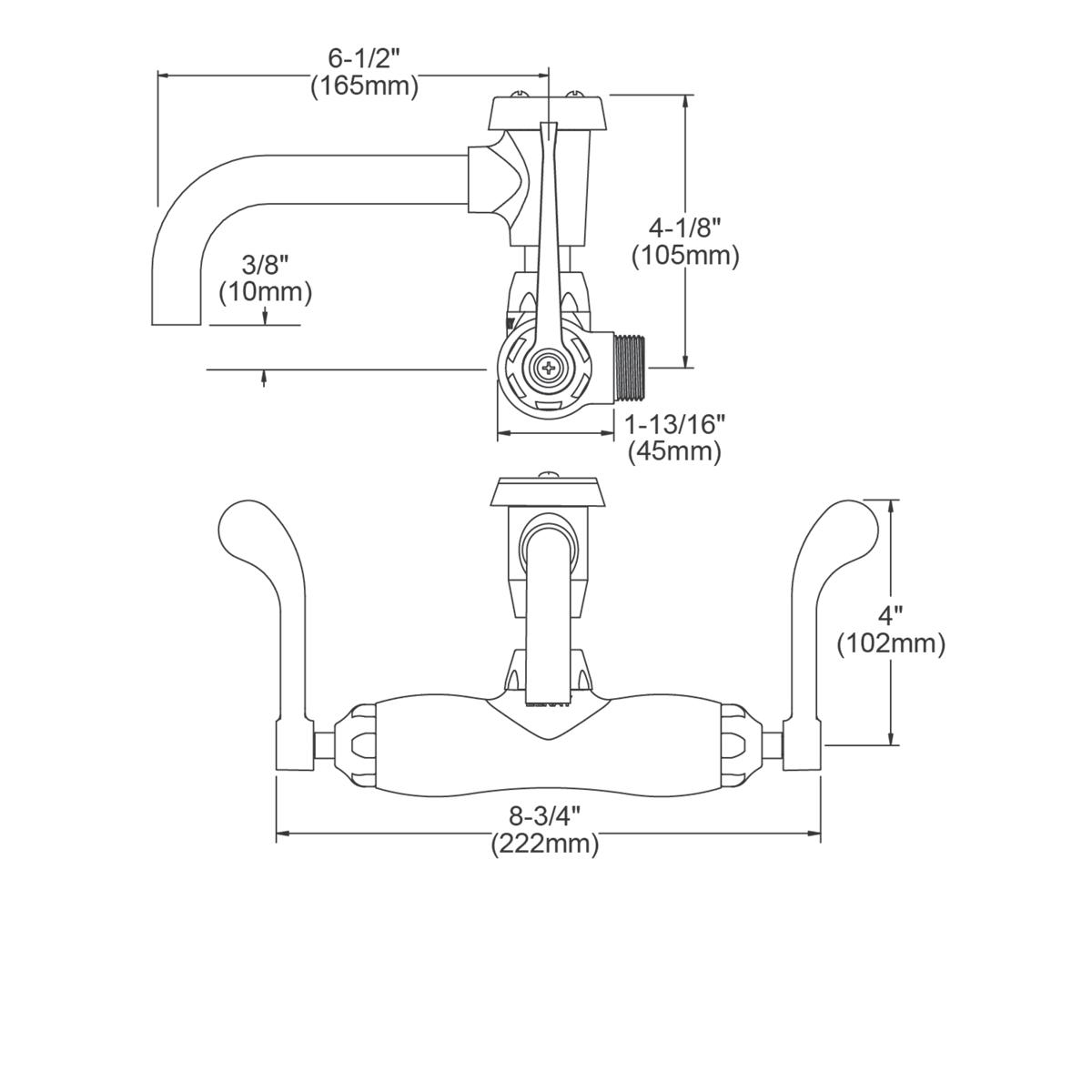 Wall-mount faucet with curved spout, dual wristblade handles, and dimensional specifications shown in technical drawing.