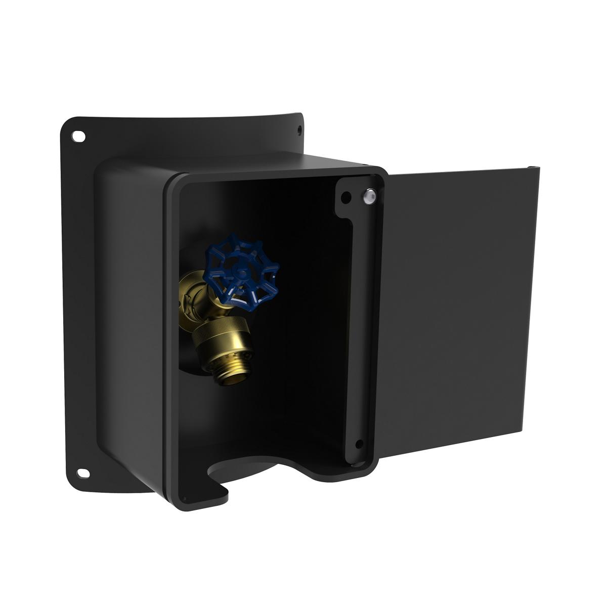 Black locking hose bib with blue valve handle and brass fitting, mounted in protective enclosure with hinged door.