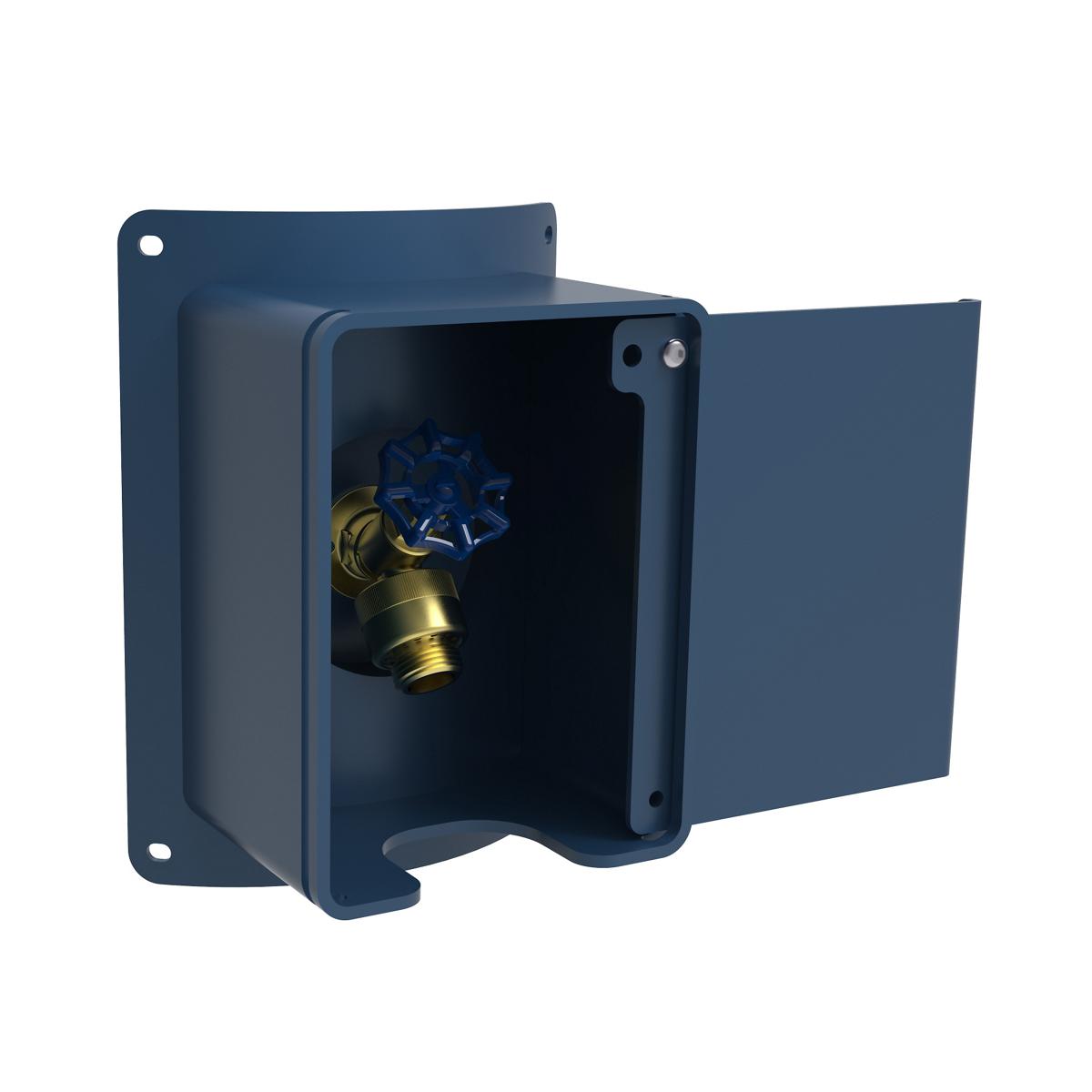 Blue locking hose bib with brass valve inside protective wall-mounted housing with hinged door.