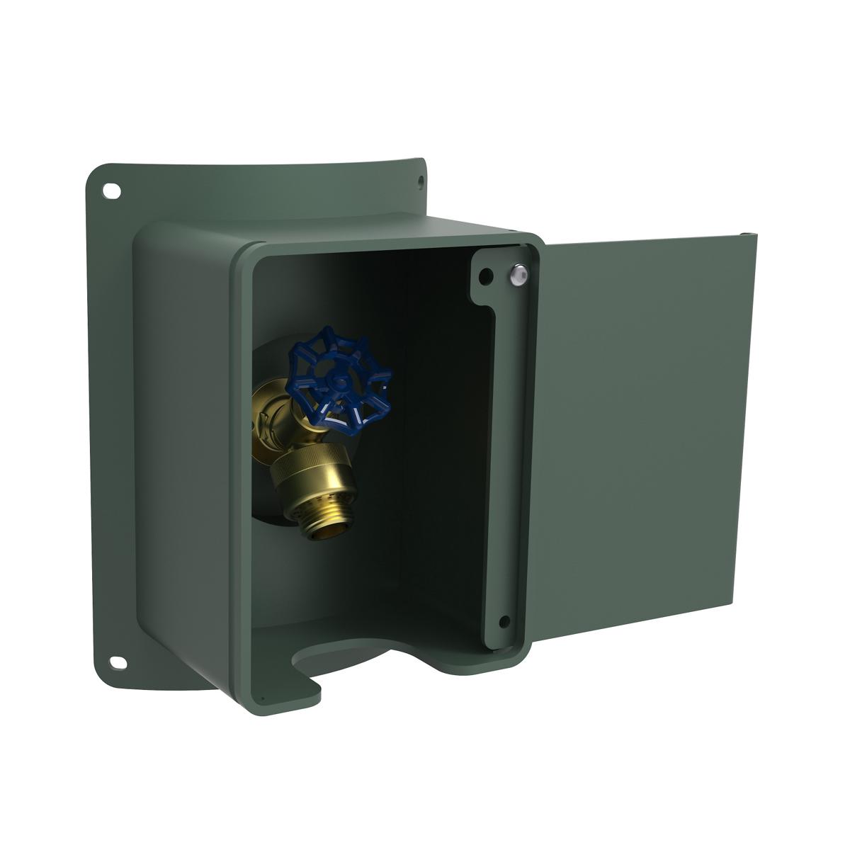 Evergreen locking hose bib with brass valve and blue handle inside protective wall-mounted enclosure.