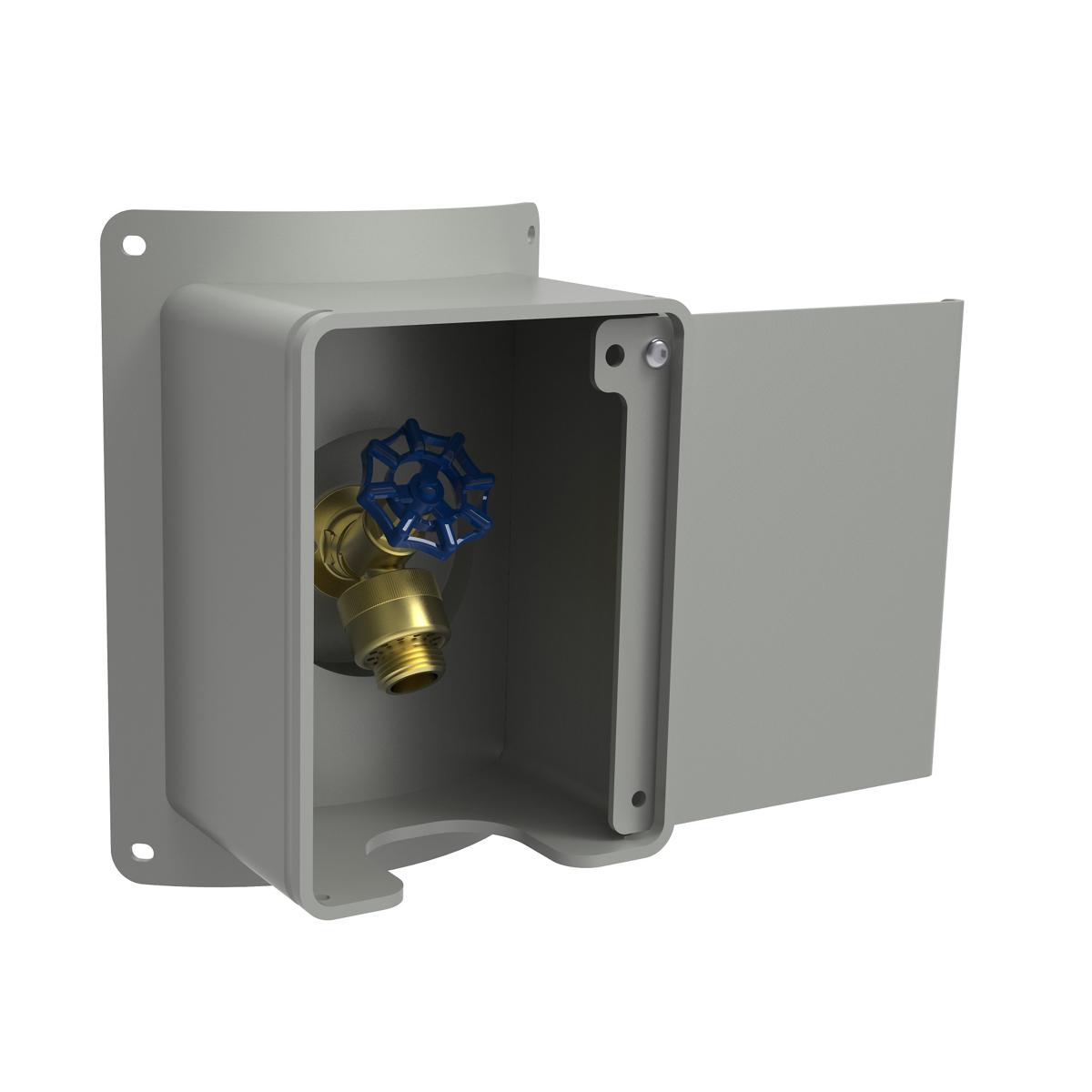 Gray locking hose bib with blue valve handle inside protective gray enclosure with hinged door.
