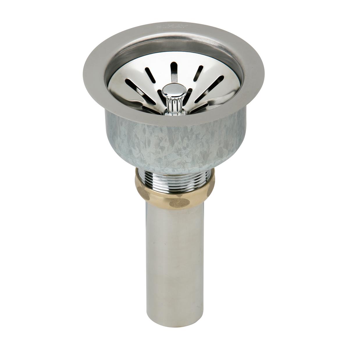 Stainless steel sink strainer basket with slotted basket insert, rubber seal, and chrome tailpiece.