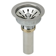 Stainless steel sink drain with strainer basket and chrome center post in assembled position.