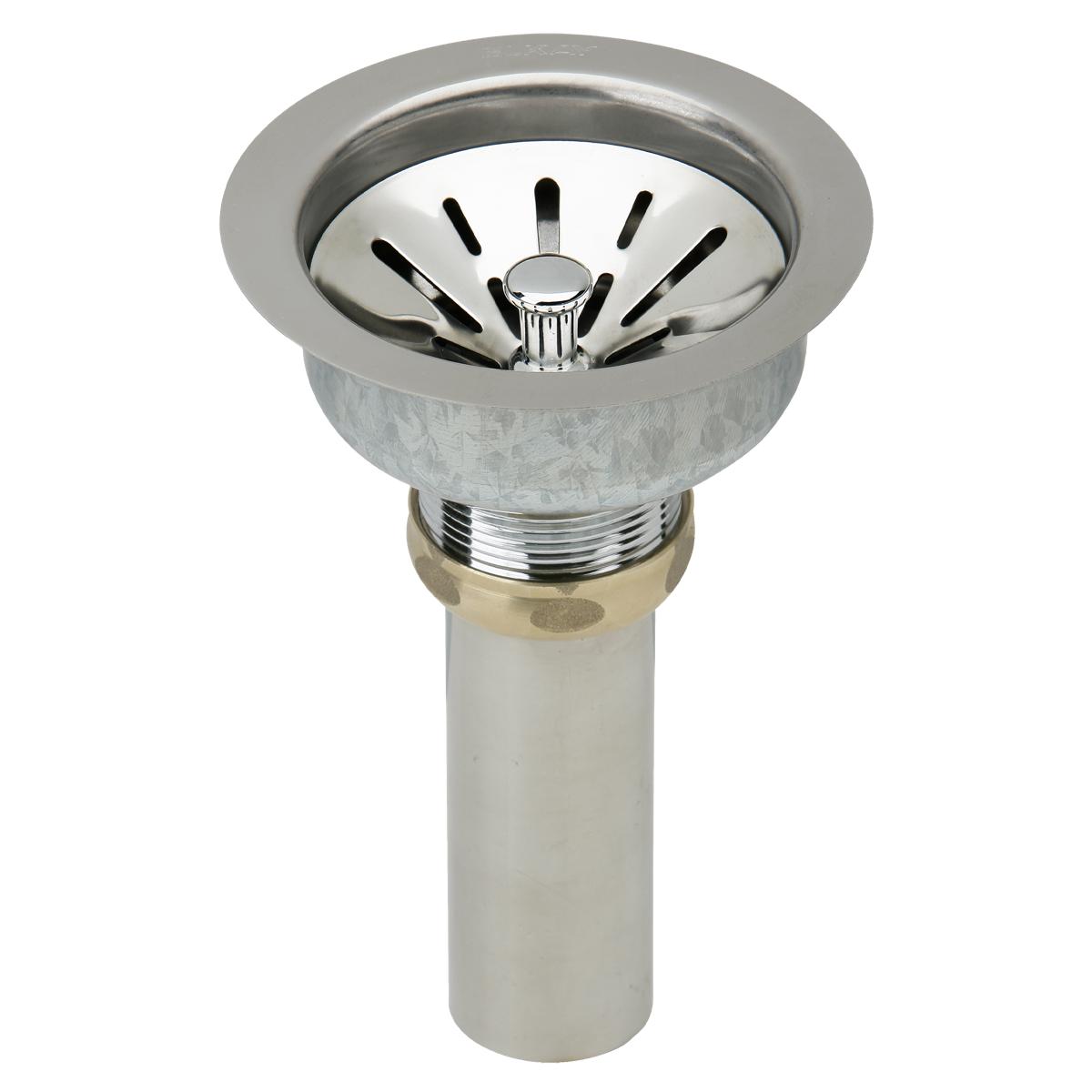 Stainless steel sink drain with strainer basket and chrome center post in assembled position.
