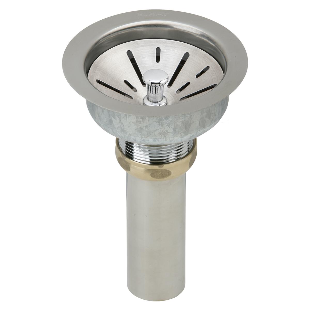 Stainless steel sink drain kit with satin finish rim, strainer basket, and threaded connector for fireclay sinks.