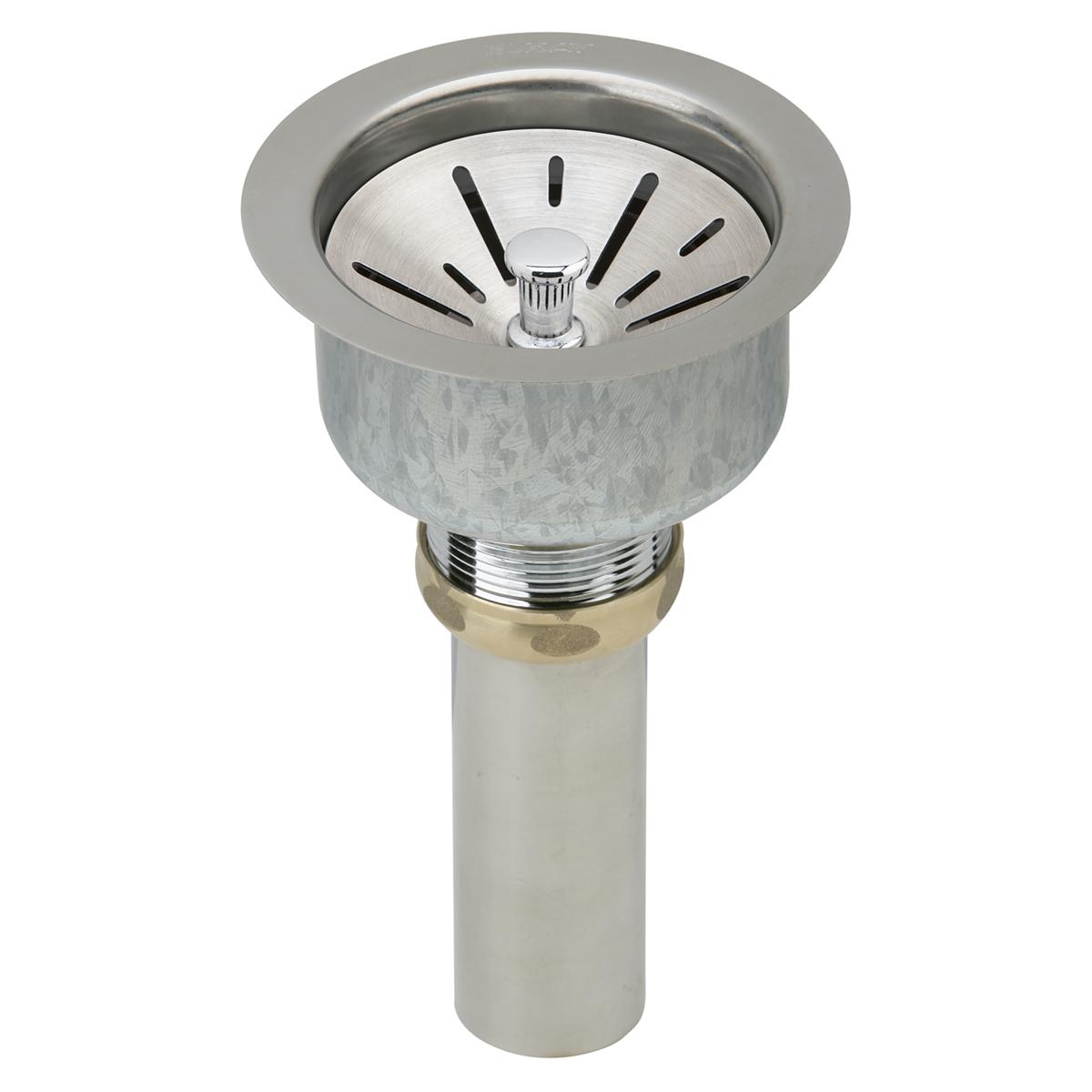Stainless steel sink drain with satin finish, strainer basket, rubber seal, and threaded tailpiece connection.