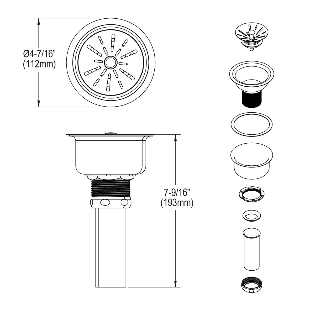Stainless steel sink drain assembly with strainer basket, rubber seal, tailpiece, and component parts shown separately.