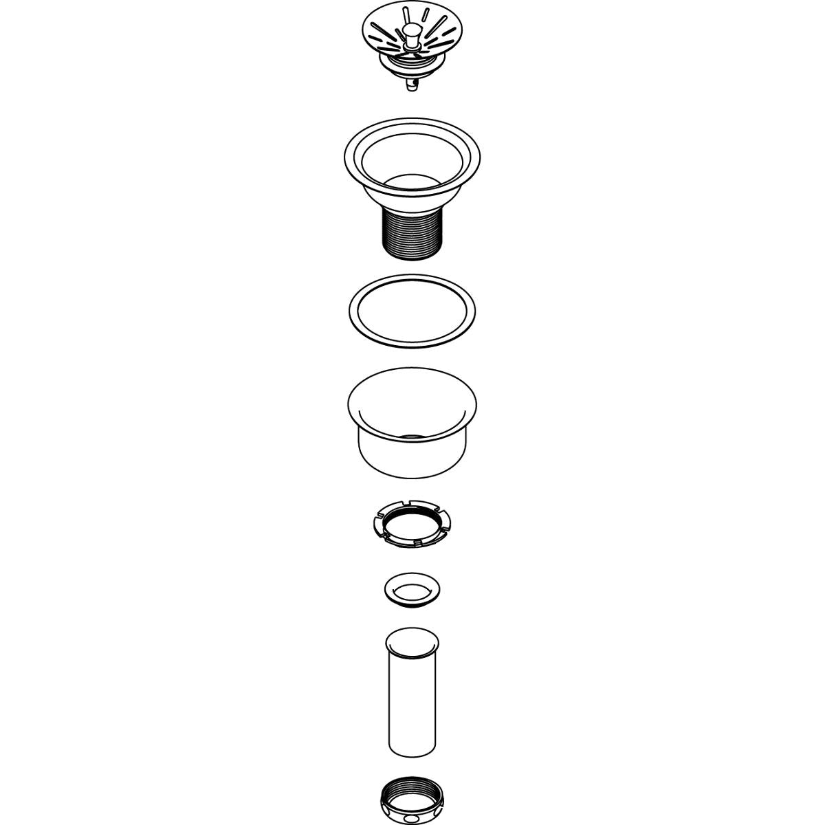 Stainless steel drain strainer basket assembly with rubber seal and tailpiece components displayed separately.