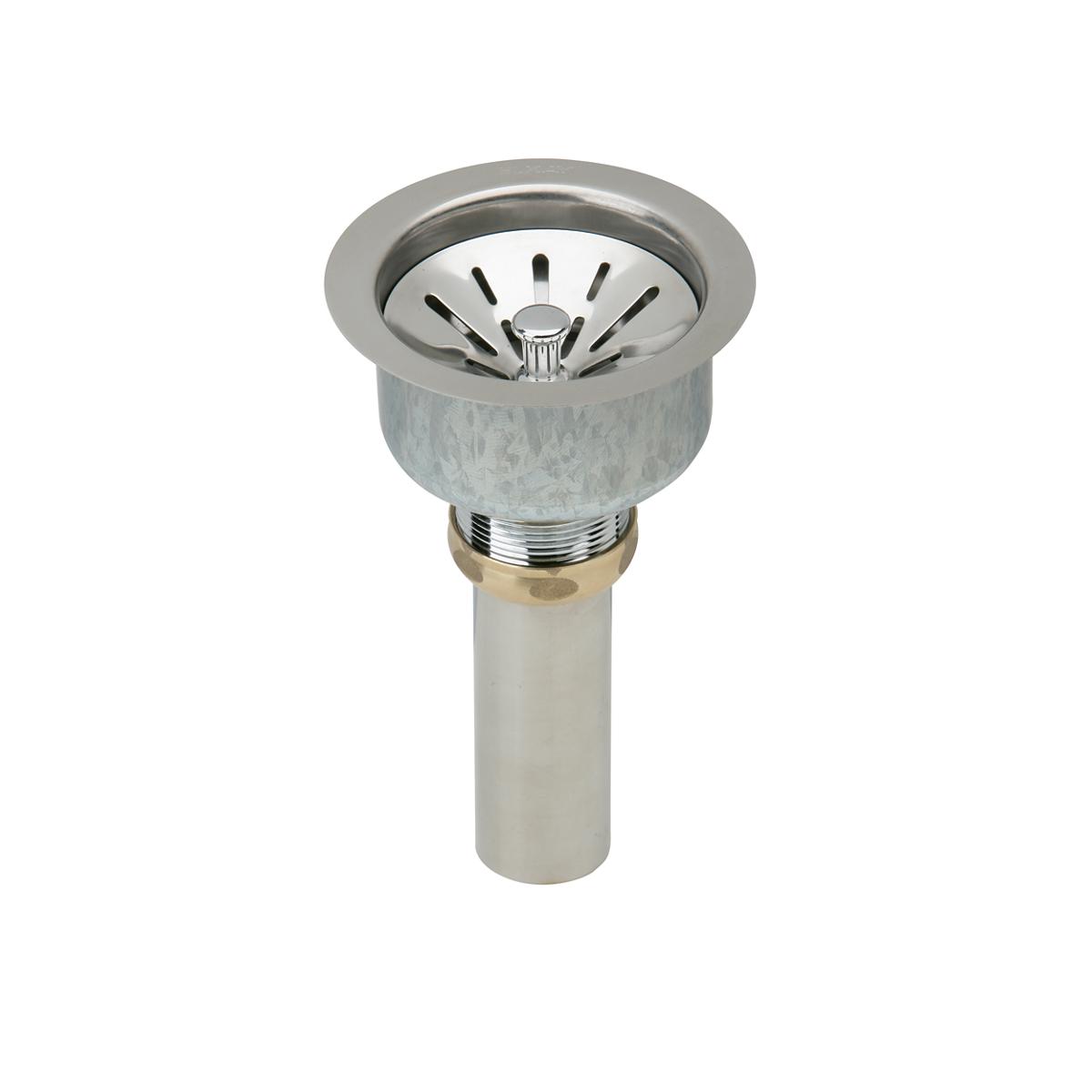 Stainless steel sink strainer basket with drain post and threaded collar fitting.