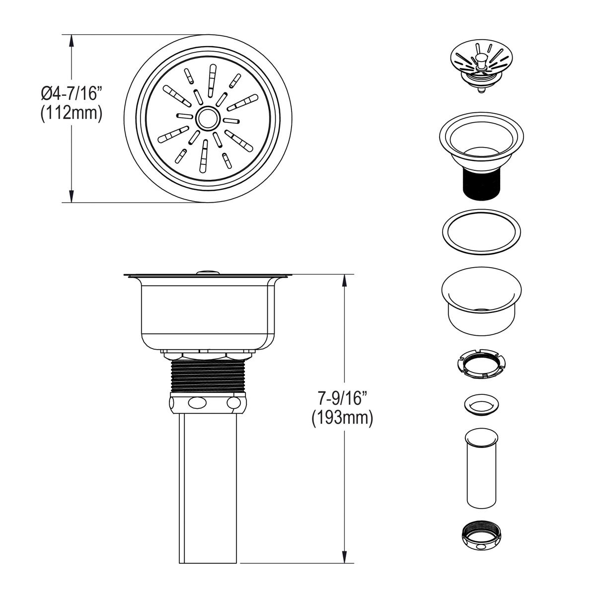 Stainless steel sink drain kit with 3-1/2" strainer basket, tailpiece, and mounting components shown disassembled.