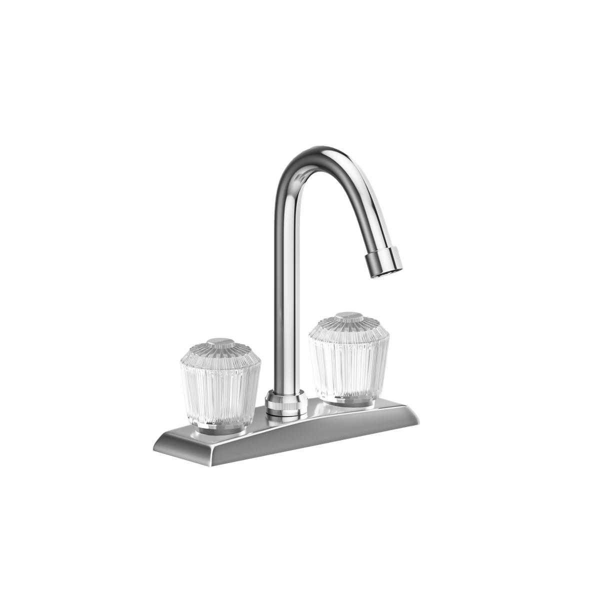 Chrome deck mount faucet with gooseneck spout and clear crystal handles on rectangular base.