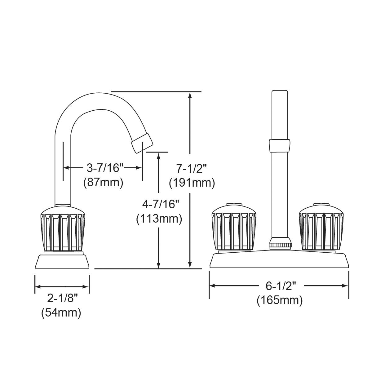 Chrome centerset faucet with gooseneck spout and clear crystal handles shown in front and side elevation with dimensions.
