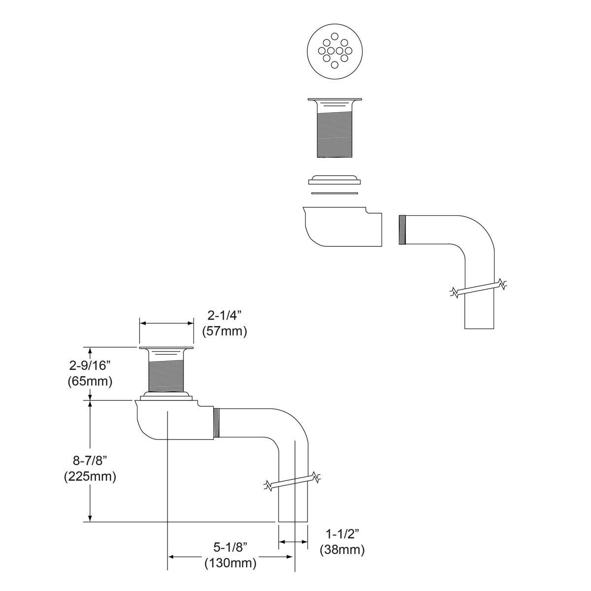 Chrome plated brass drain outlet fitting with perforated grid strainer, elbow pipe, and mounting components shown in assembly