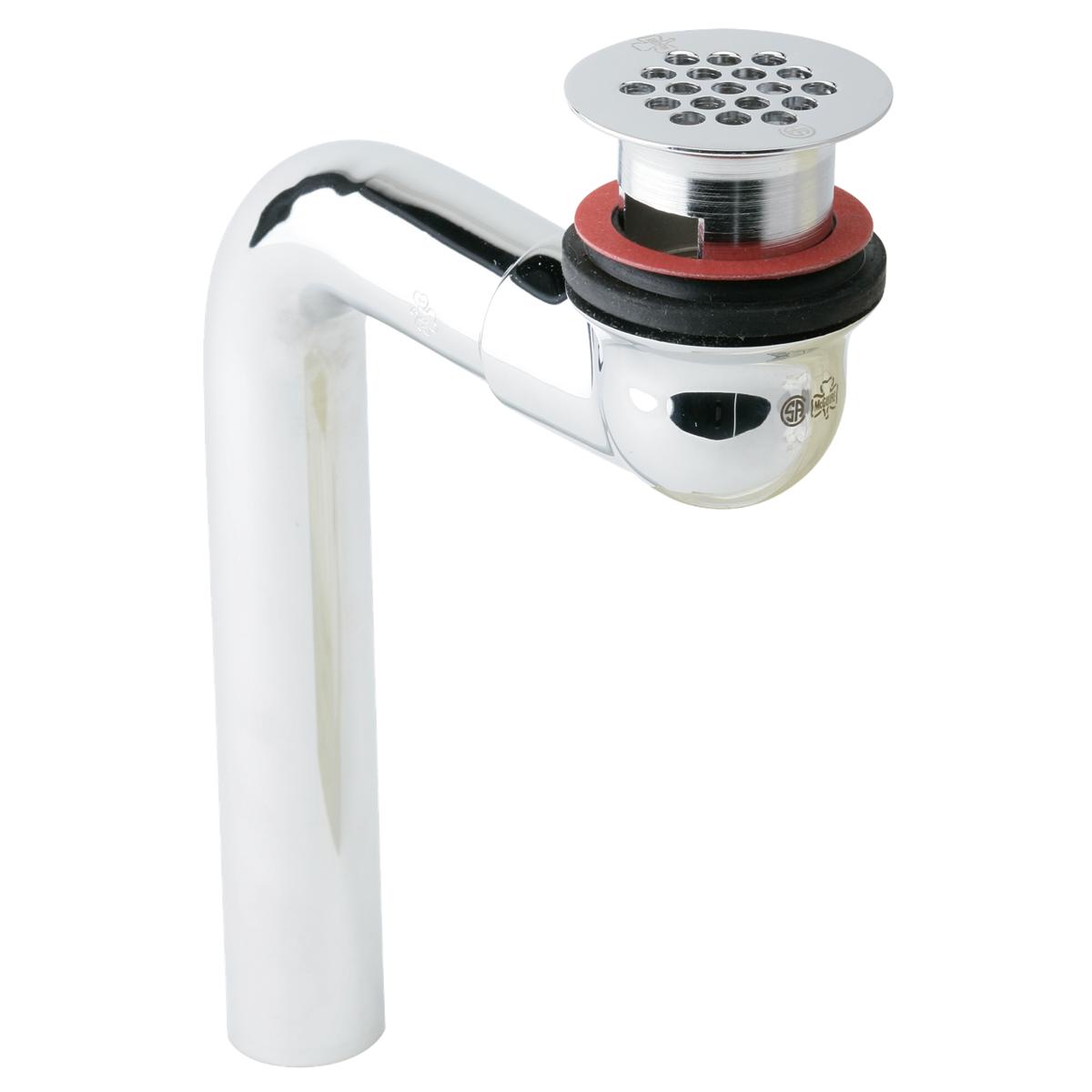 Chrome plated brass drain outlet fitting with perforated grid, elbow pipe, and rubber sealing rings.
