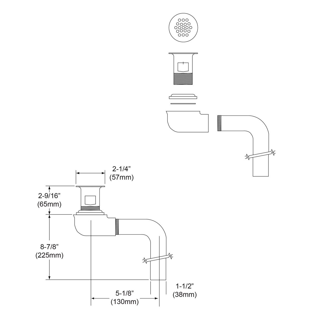 Chrome plated brass drain outlet fitting with perforated grid, rectangular strainer basket, and 90-degree elbow pipe assembly