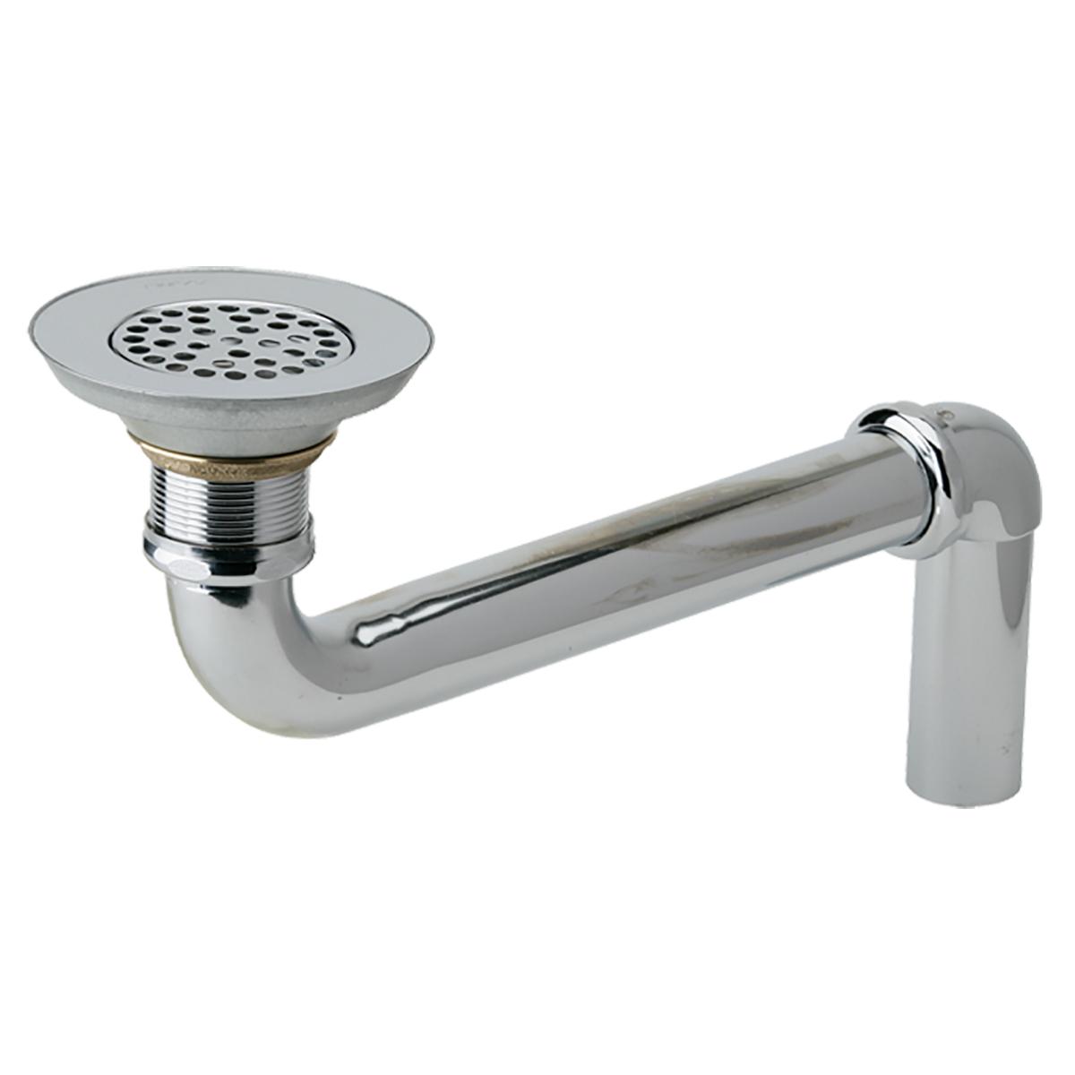 Chrome-plated brass drain strainer with perforated bowl and curved tailpiece assembly.