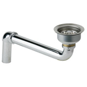Stainless steel drain fitting with strainer basket, offset tailpiece, and angled connector tube.