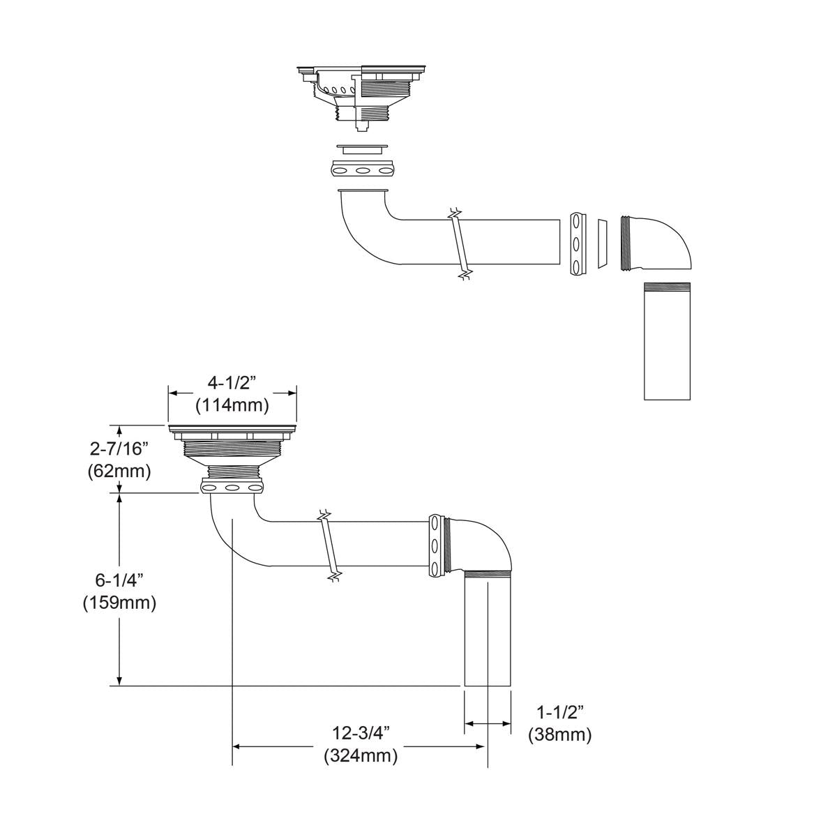 Stainless steel drain fitting assembly with strainer basket, offset tailpiece, and dimensional specifications shown in techni