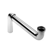 Chrome plated brass offset tailpiece with vertical inlet on left and angled outlet on right.
