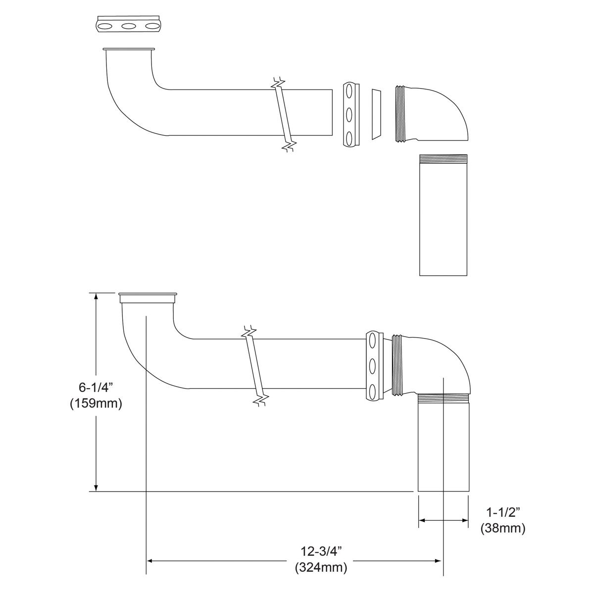 Chrome plated brass offset tailpiece drain fitting with curved and horizontal sections, shown in two installation configurati
