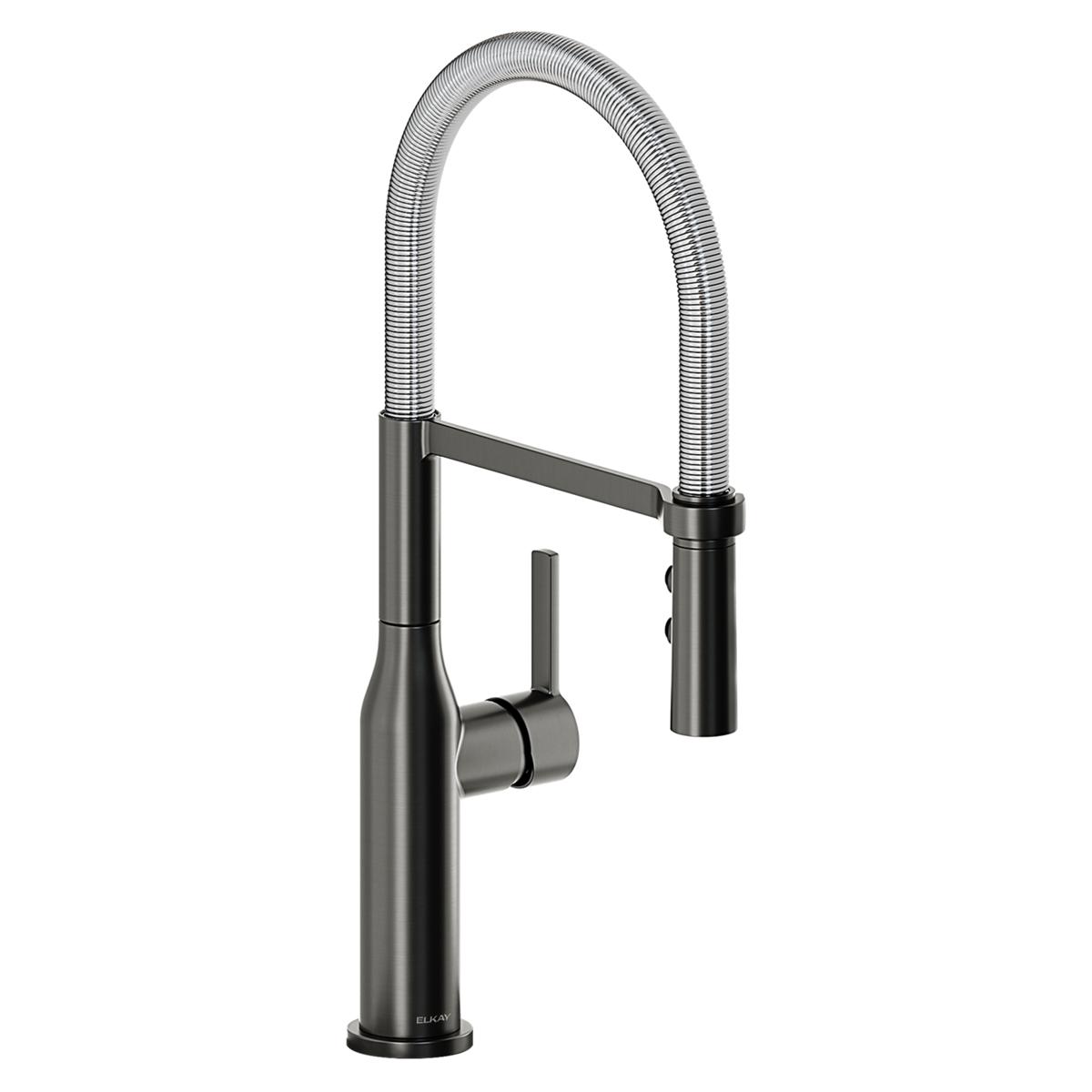 Black stainless steel kitchen faucet with chrome coil hose spout and forward lever handle.