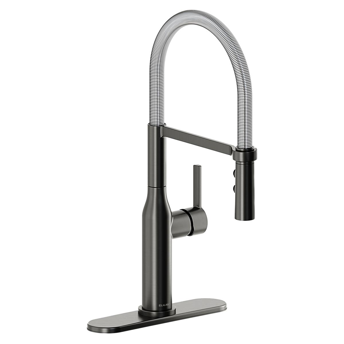 Black stainless steel kitchen faucet with flexible coiled spout, forward lever handle, and chrome base plate.
