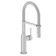Chrome kitchen faucet with tall curved spout, flexible hose, and forward lever handle.