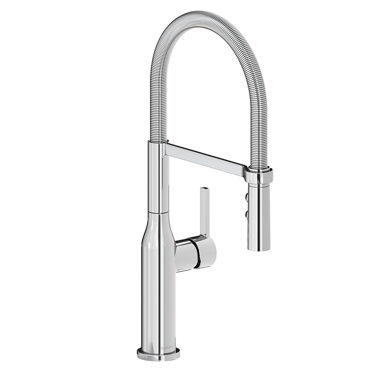 Chrome kitchen faucet with tall curved spout, flexible hose, and forward lever handle.