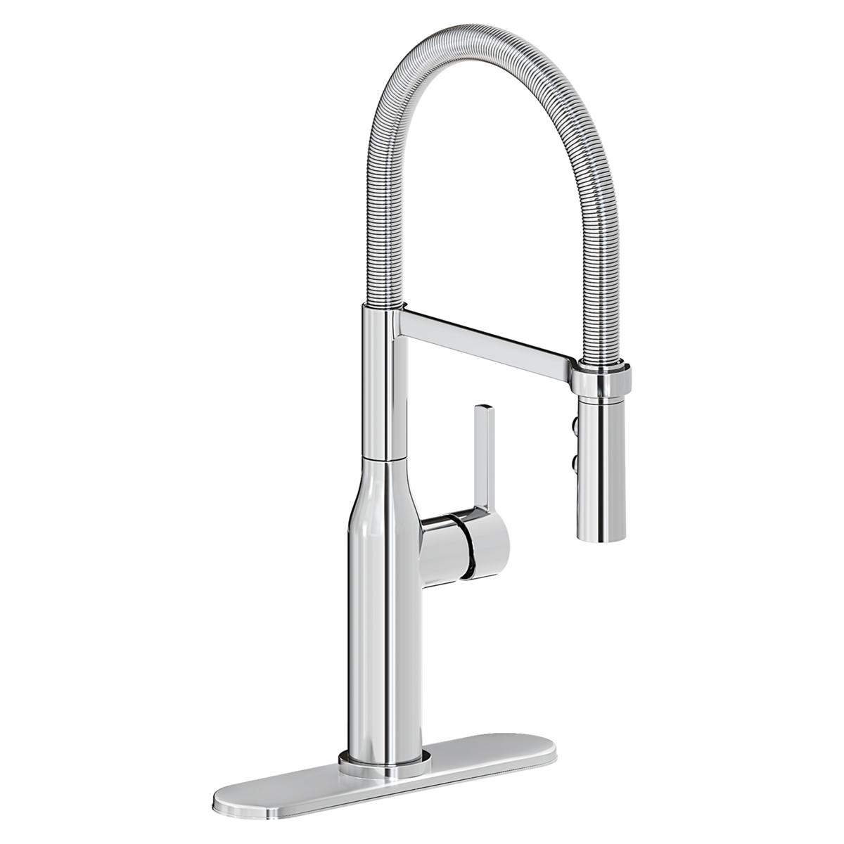 Chrome kitchen faucet with tall curved spout, single lever handle, and rectangular base plate.
