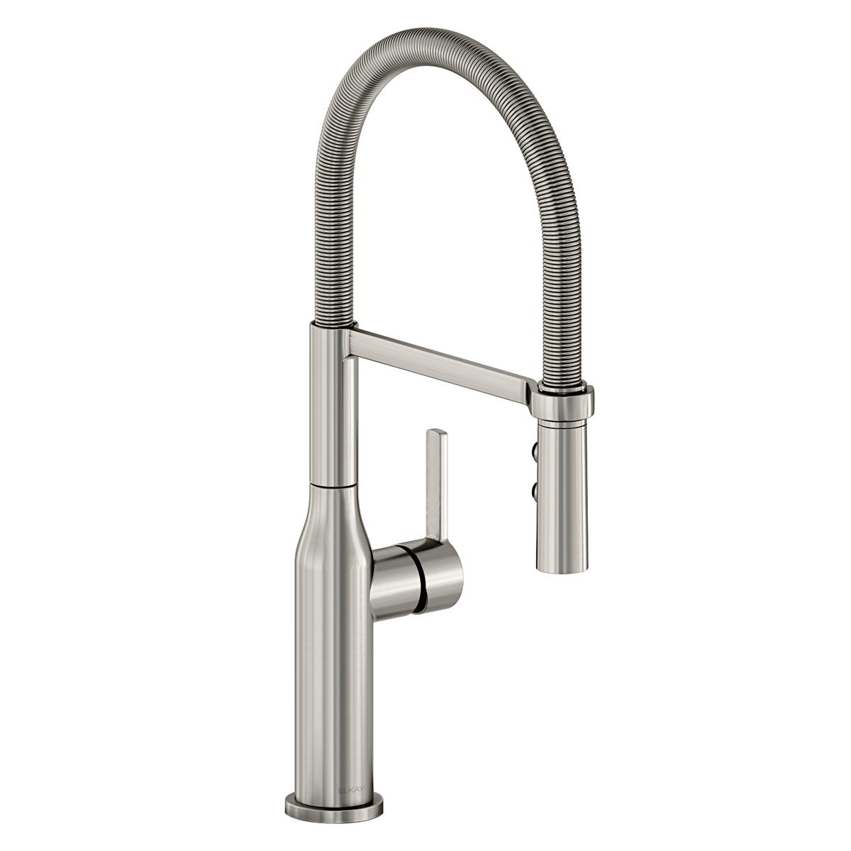 Lustrous steel kitchen faucet with flexible pulldown spout and single lever handle.