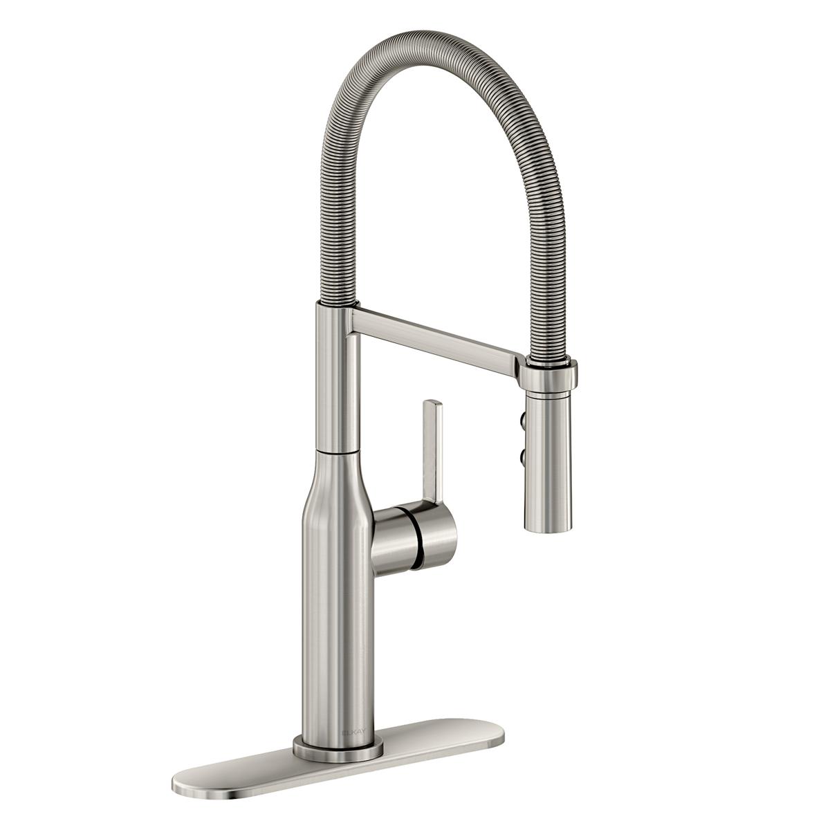 Lustrous steel kitchen faucet with tall curved spout, single lever handle, and rectangular base plate.