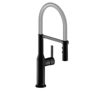 Matte black kitchen faucet with chrome coiled pull-down spout and forward-only lever handle.