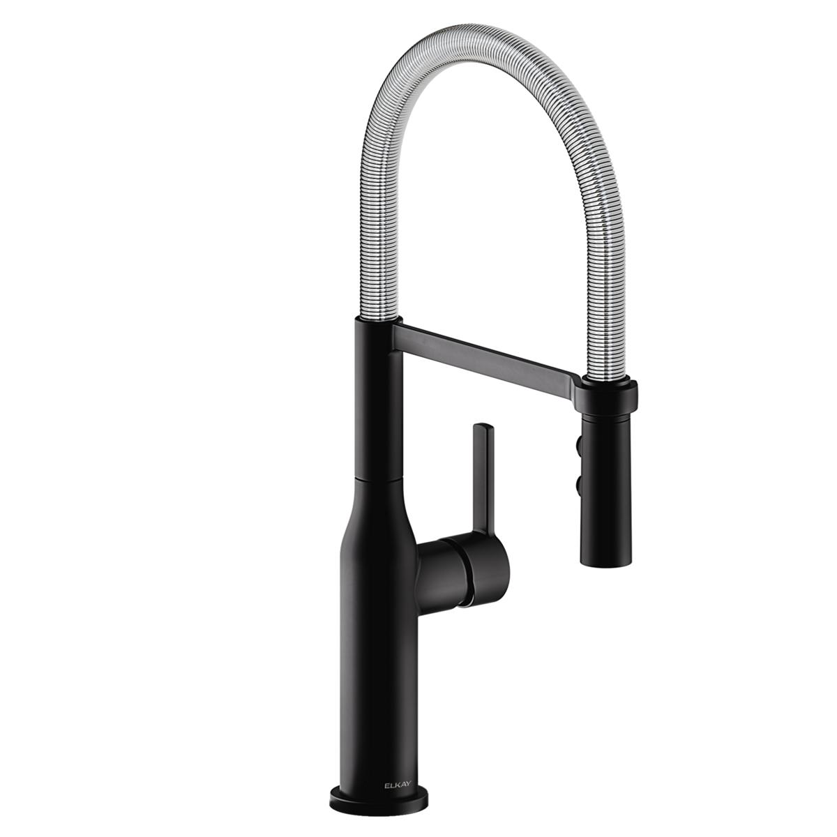 Matte black kitchen faucet with chrome coiled pull-down spout and forward-only lever handle.