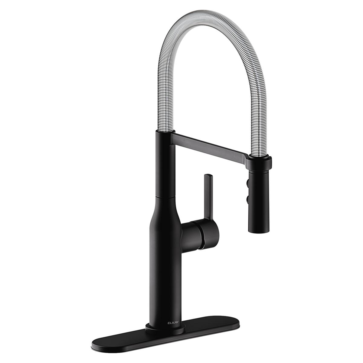 Matte black kitchen faucet with chrome flexible hose spout and forward lever handle on black base plate.