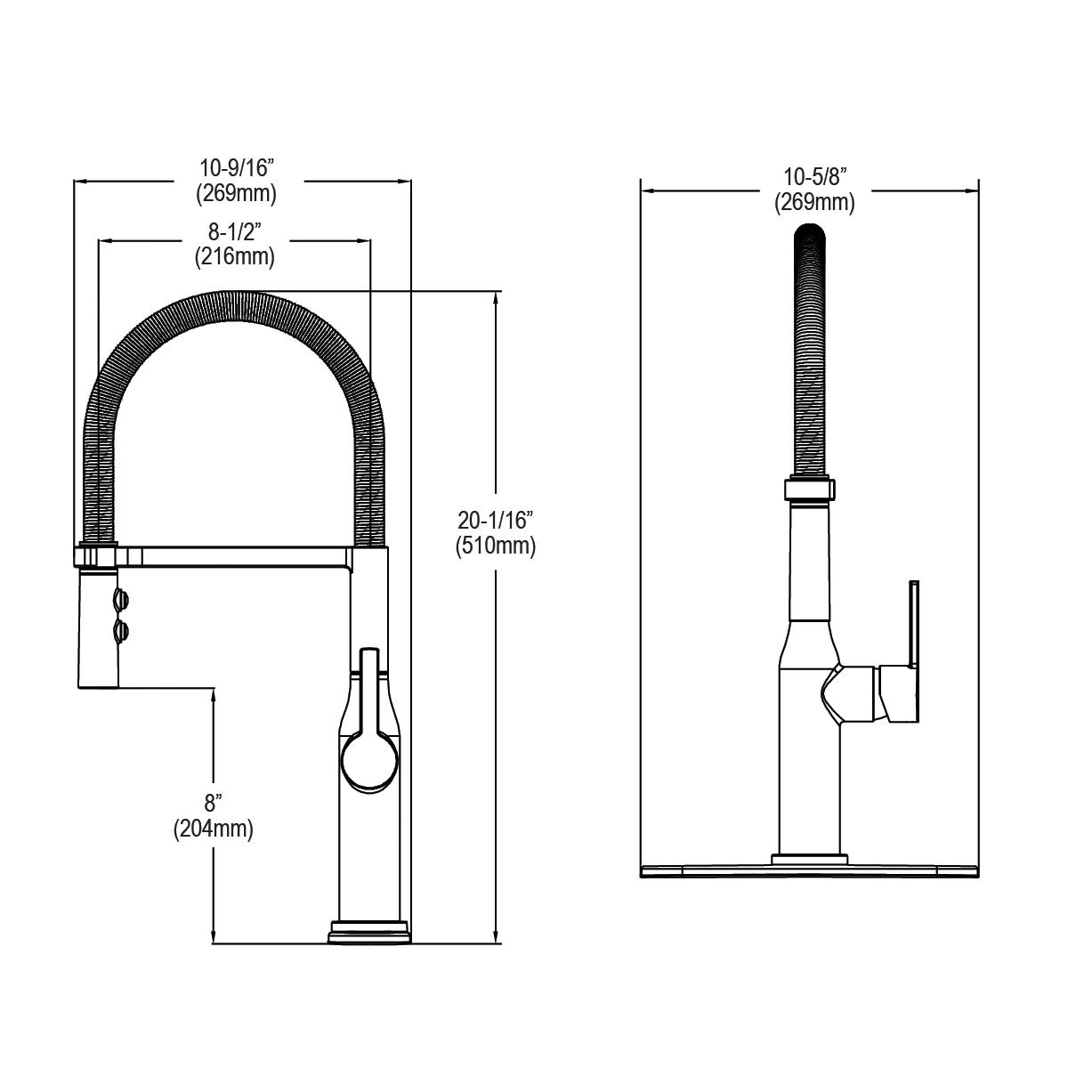 Chrome kitchen faucet with arched semi-professional spout and forward lever handle shown in front and side technical drawings