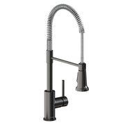 Black stainless steel kitchen faucet with flexible coiled spout and single lever handle, chrome accents.