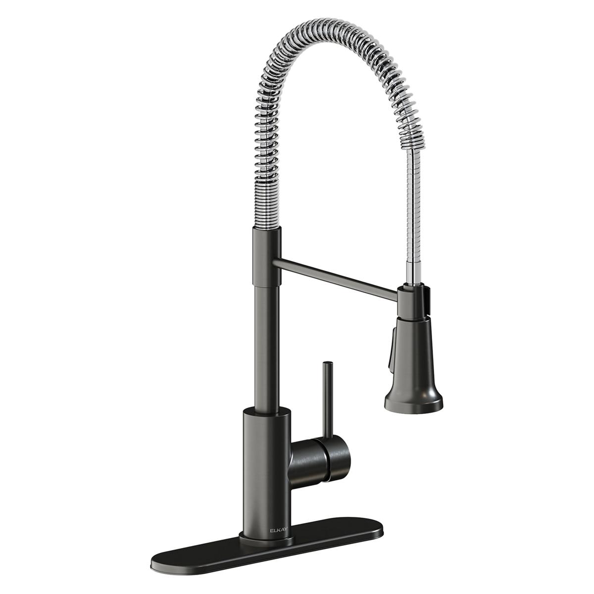 Black stainless steel kitchen faucet with chrome flexible spout, lever handle, and matching base plate.