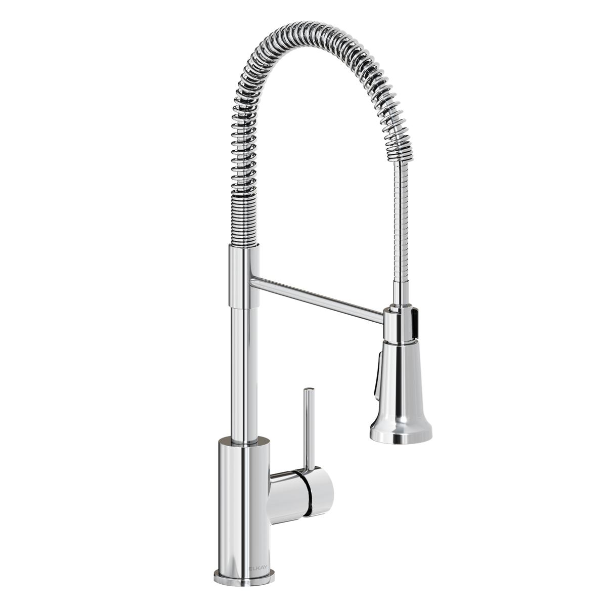 Chrome kitchen faucet with tall flexible spout and single lever handle mounted on base.